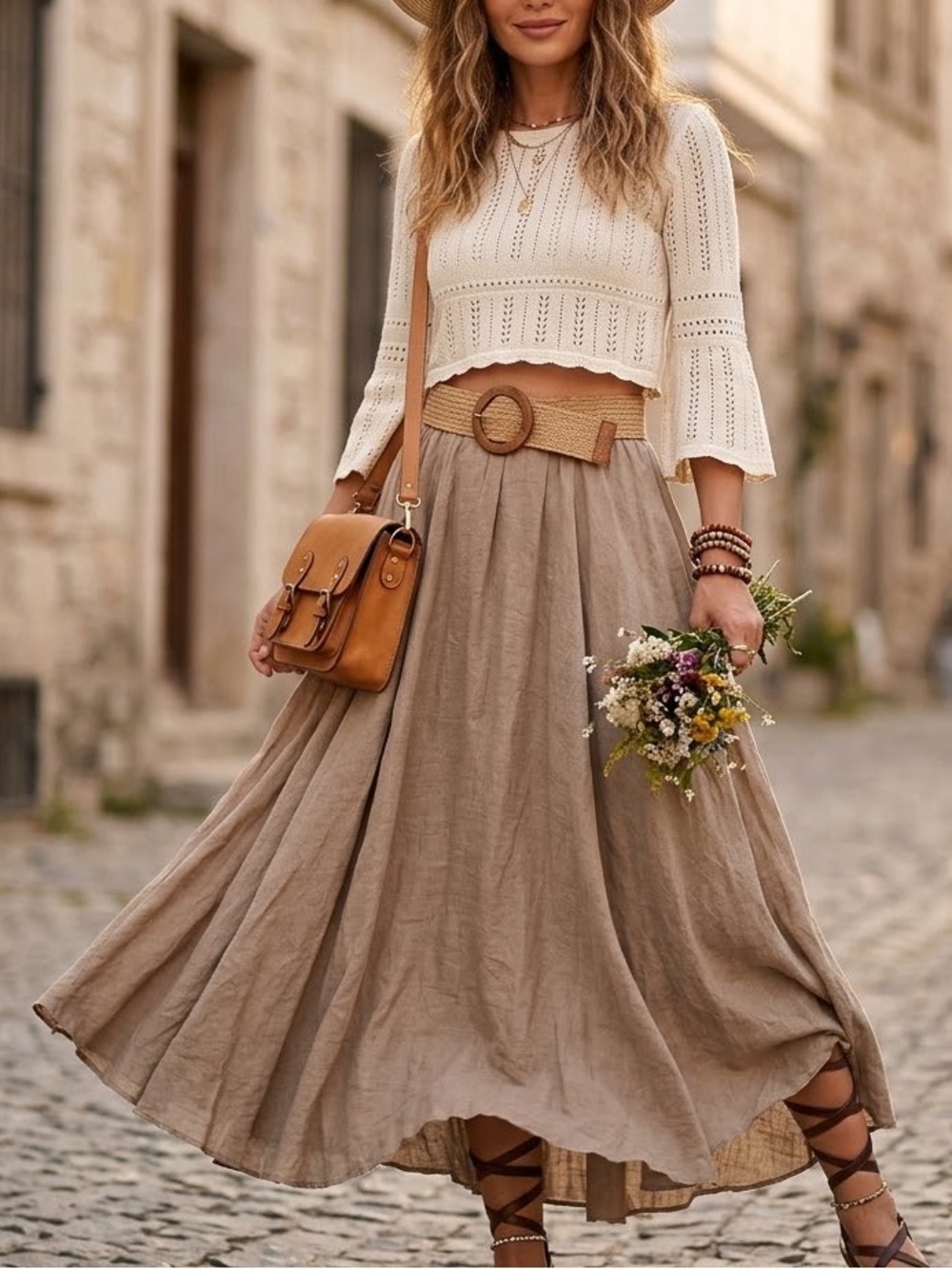 OCHENTA 100% Cotton Linen Look Crinkle Maxi Skirt Boho Flowy Beige Neutral M